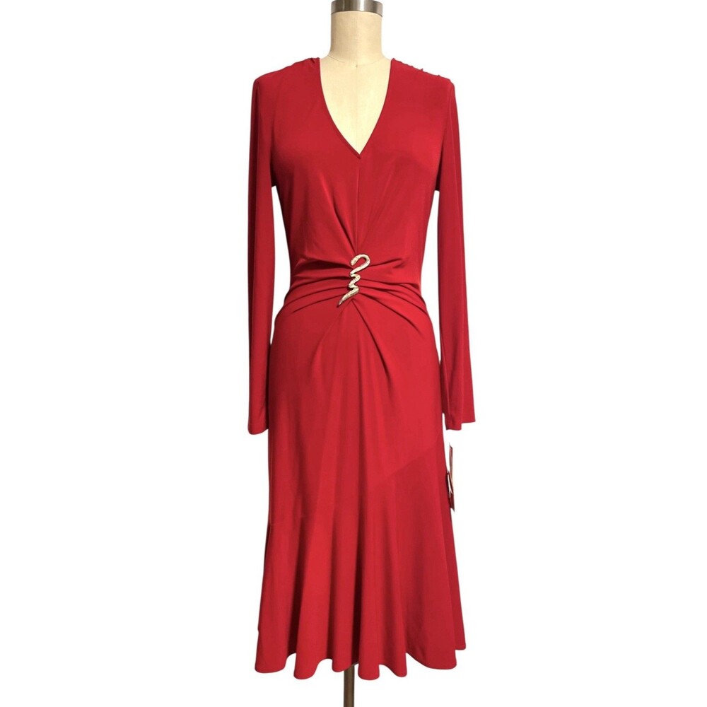 NWT! VTG Y2K Joseph Ribkoff Red Sz 8 Med Midi Lng Slv V-neck Jersey Dress Snake